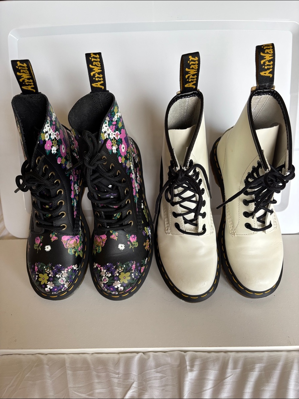 Dr. Martens 2 pr Black Floral Pascal 1460 and White Leather Lace-Up Boots SZ  7